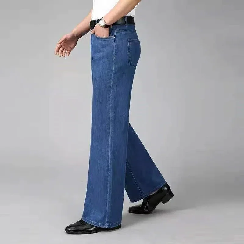 Spring Autumn 90s Streetwear Jeans Elastic Vintage Disco Men Clothing Loose Fashion All-match Washed Straight Flare Cowboy Pants