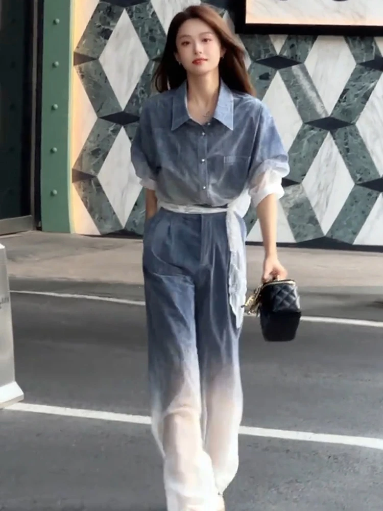 

Blue and white gradient sunscreen shirt super hot temperament wide leg pants women's summer 2025 new style two-piece set