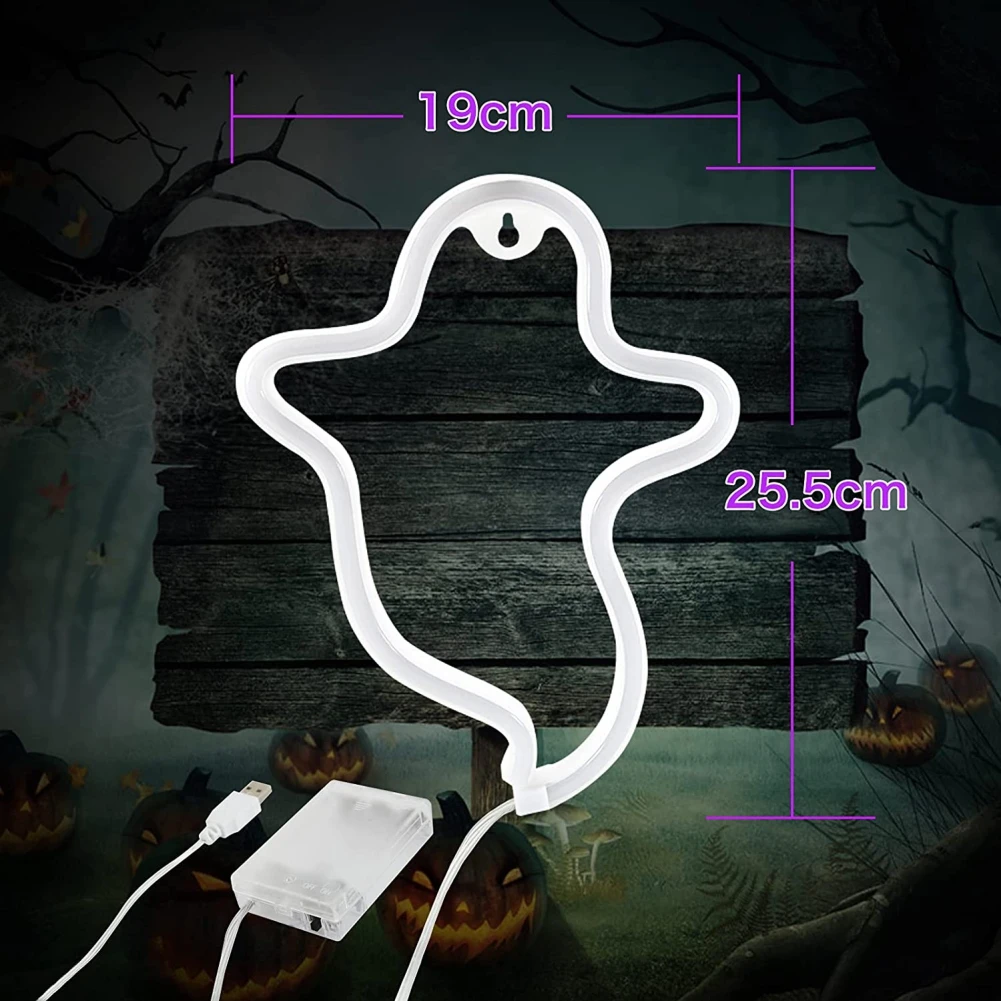 Halloween Neon Light Decoration Ghost Shaped Luminous Ornament USB Battery Dual-purpose DIY Party Holiday Decor for Home Room