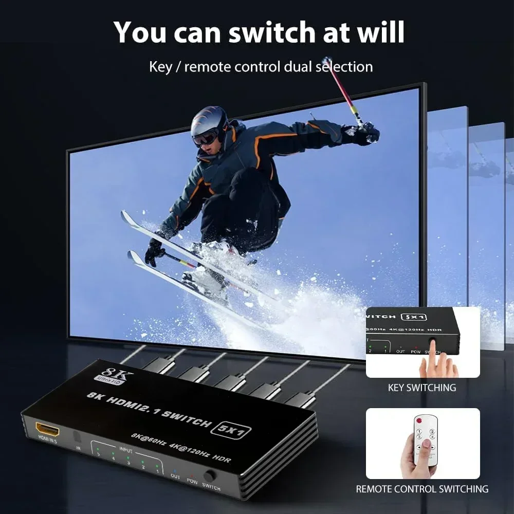 8K 60Hz HDMI 2.1 Switch 5x1 HDMI Switcher Video Converter 4K 120Hz 5 in 1 Out HDR10 3D for Xbox PS5 Laptop PC To TV Projector