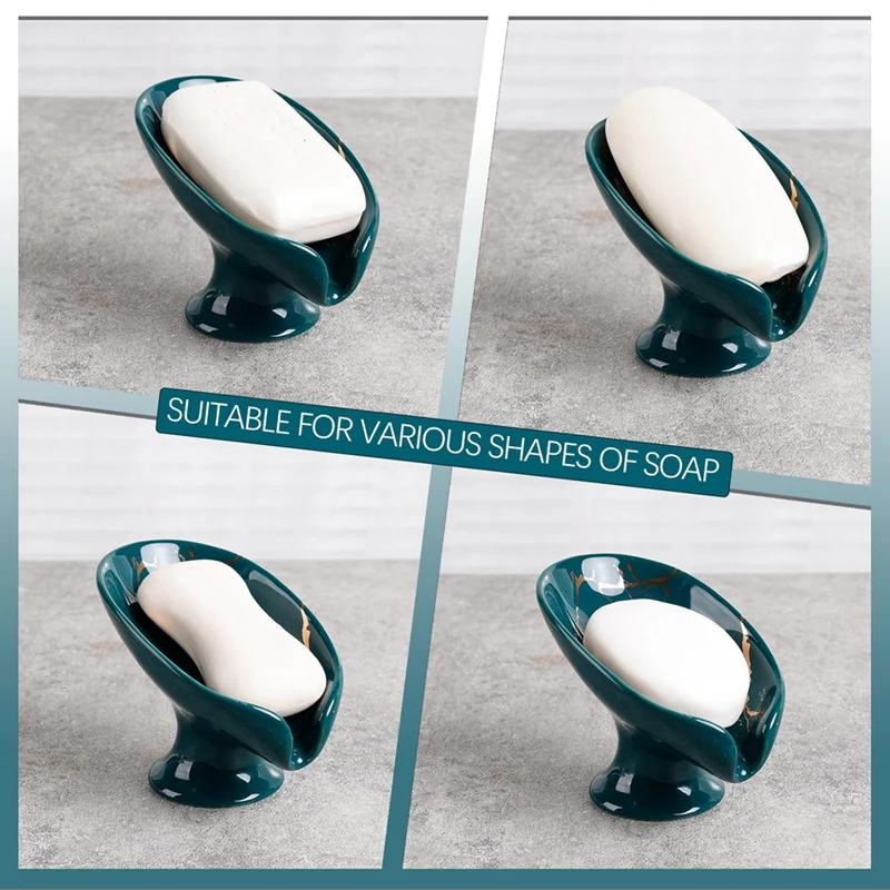 Soap Dish, Ceramic Soap Holder Self Draining Marble Look Leaf-Shape Soap Dishes For Bathroom