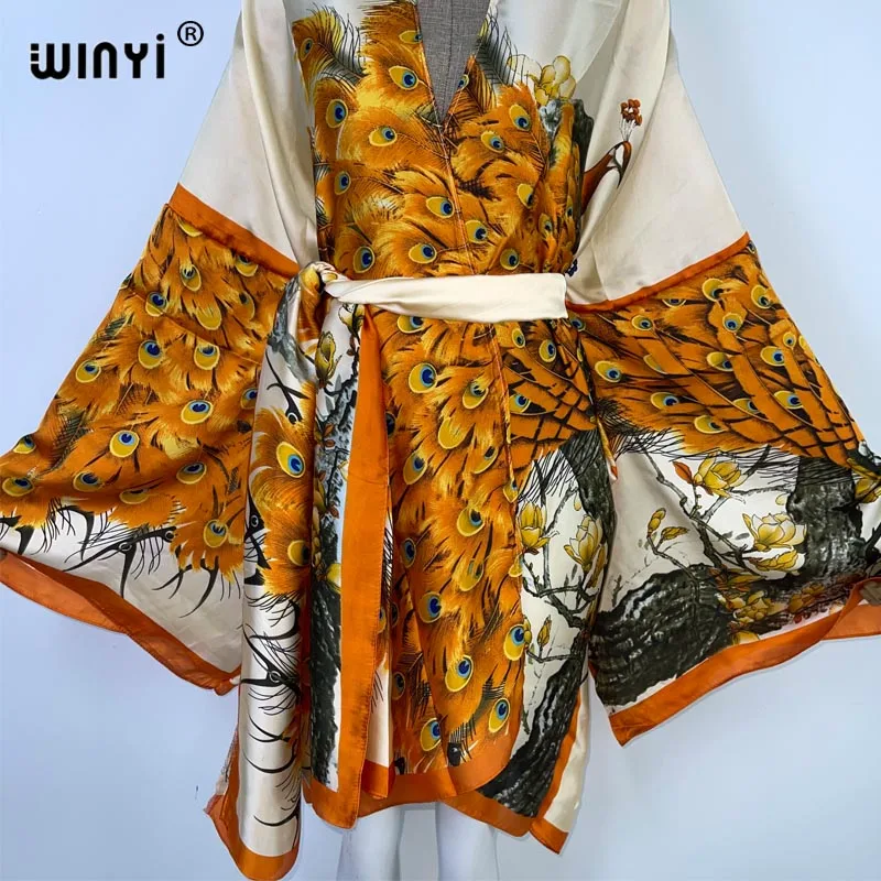 WINYI 2023 new Africa Summer print Women Cardigan stitch robe Cocktail sexy Boho loose Holiday long Sleeve Silk kimono with belt