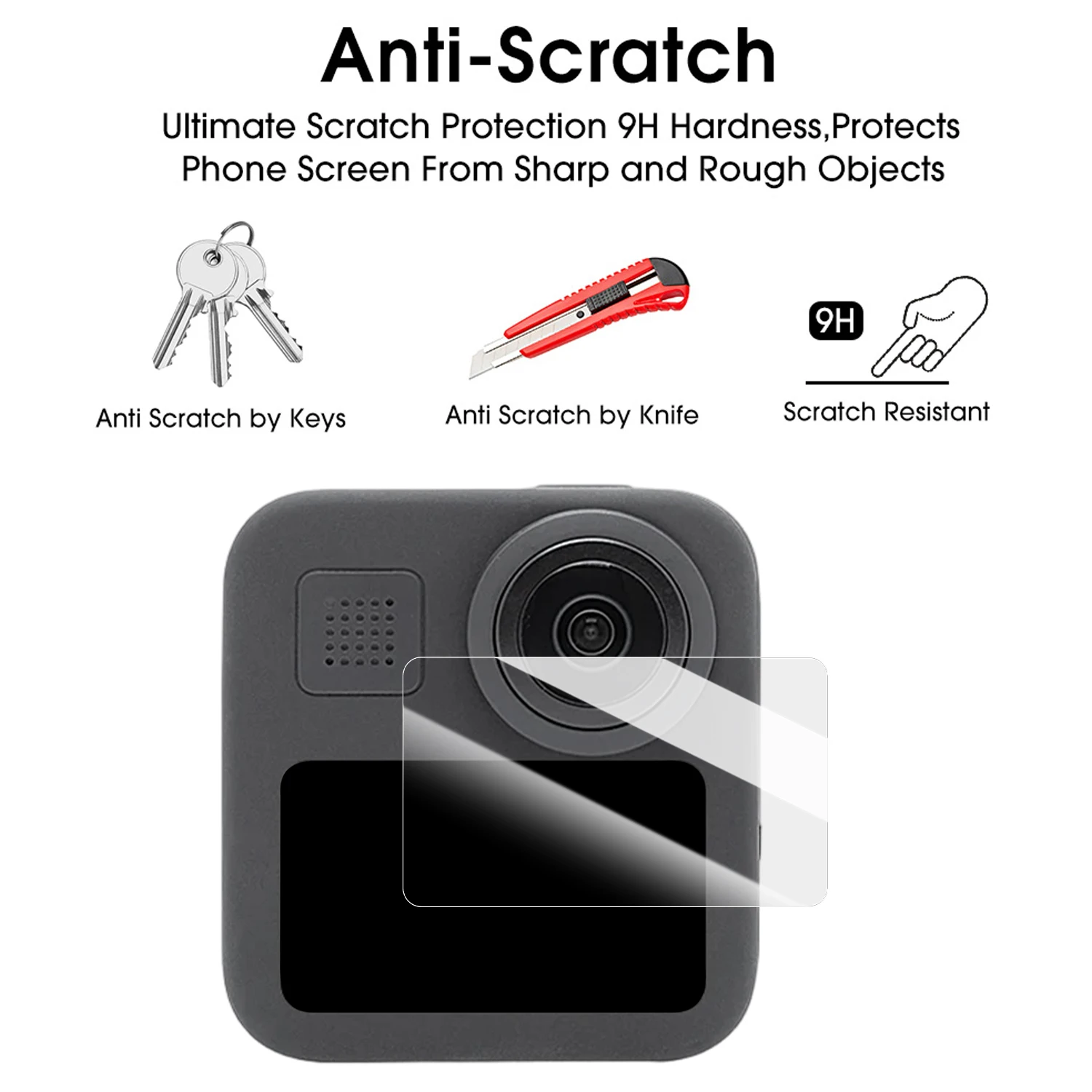 Łatwa w montażu folia ochronna na ekran GoPro Max 2, przezroczysta, odporna na zarysowania, szkło hartowane z zestawem do automatycznego ustawiania.