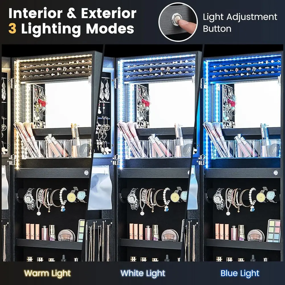 Wall-Mounted Lockable Jewelry Cabinet with Adjustable Lighted Mirror, 3 Lighting Modes, 42.5 Height, Black