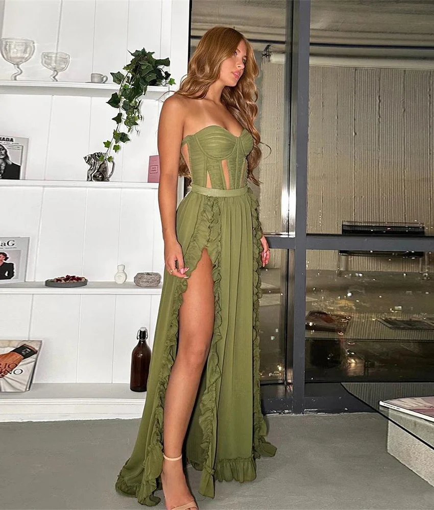 

Customized Sexy Jersey A-Line Ruffles Evening Dress Temperament Sleeveless Sweetheart Floor Lengthprom dresses Custom Size