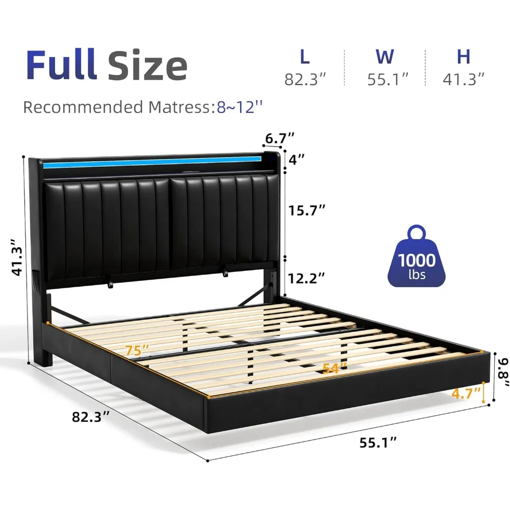 Estrutura de cama flutuante de tamanho completo com cabeceira de armazenamento oculto ergonômico e luzes LED, estrutura de cama LED flutuante visual com carregamento