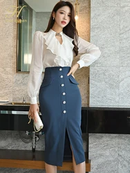 H Han Queen Autumn Professional Woman 2 Pieces Set Simple Ruffles White Tops + High Waist Split Pencils Skirt Korean Skirts Suit