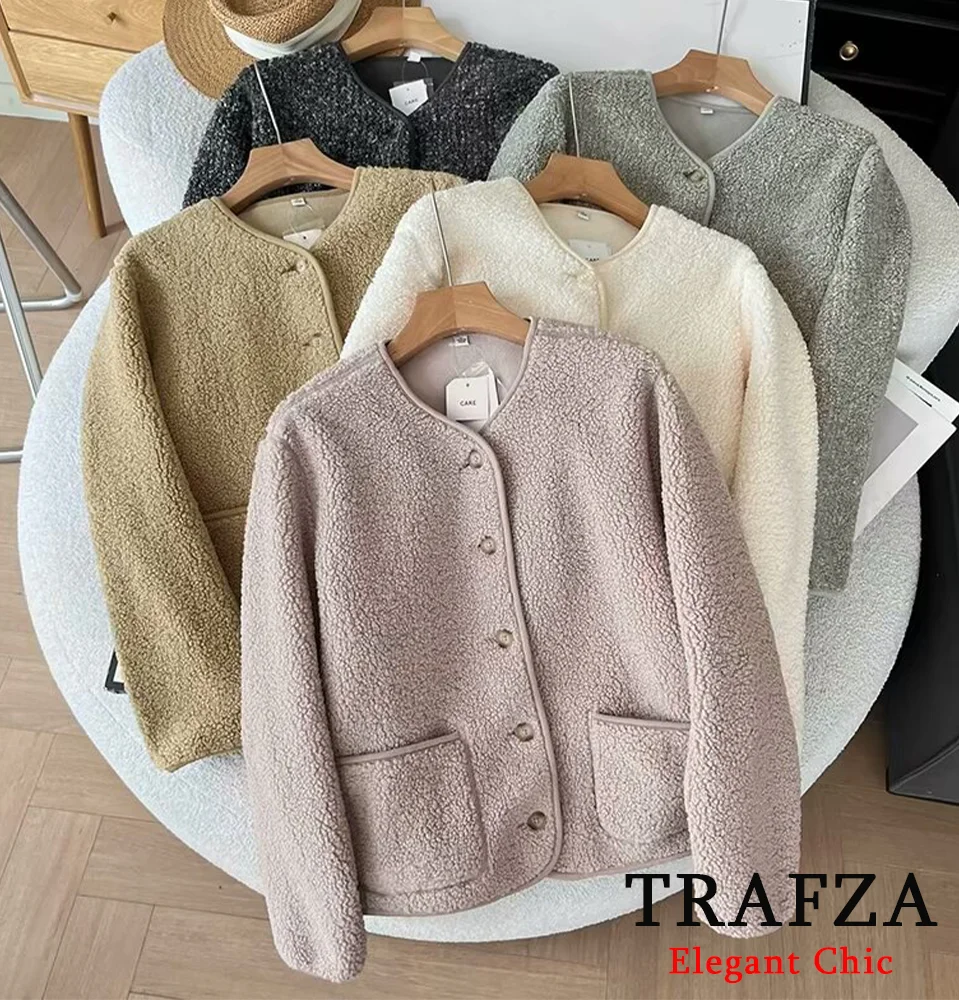 TRAFZA Women Fashion Fleece Jacket O-Neck Buttons Pockets Inner Jacket New 2025 Fashion Spring Fall Old Money Casual Light Coat