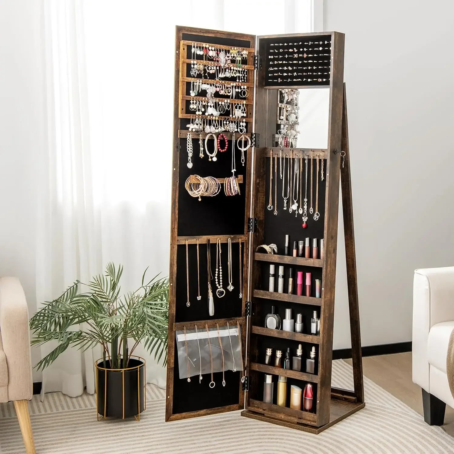 Jewelry Armoire with Full Length Mirror, Lockable Standing Jewelry Cabinet Organizer with Large Storage Capacity, Inside Makeup