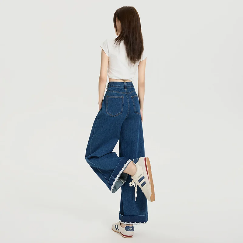 Pantalones vaqueros rectos con puños para mujer, vaqueros empalmados de encaje, pantalones vaqueros de pierna ancha, cintura alta, cremallera, desgastados, Vintage, hasta el tobillo