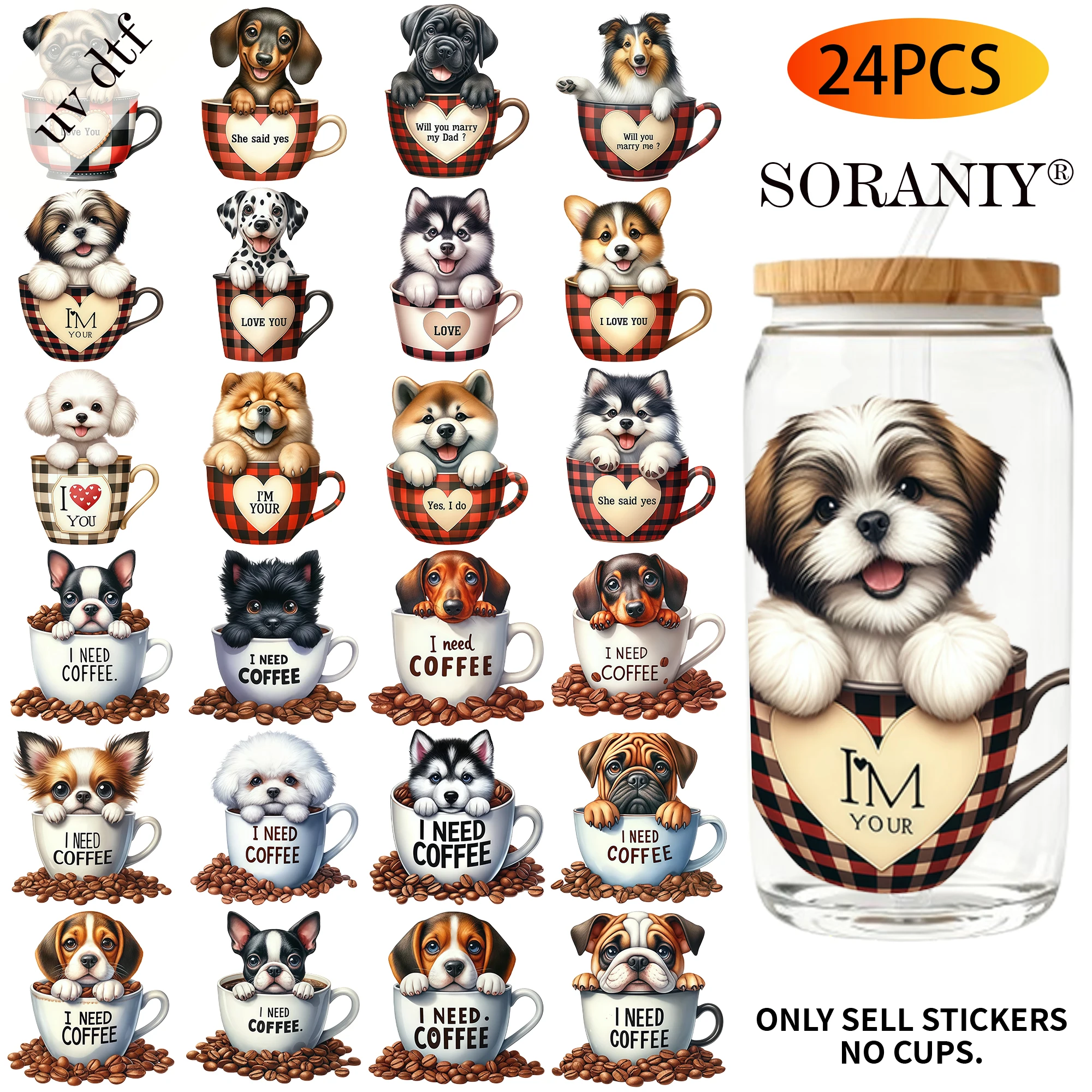 UV DTF Cup Stickers - 24Pcs/Set Coffee Cup Puppy Waterproof 16Oz Glass Jar DIY Transfer Decal, High Viscosity Easy Use For Bottl