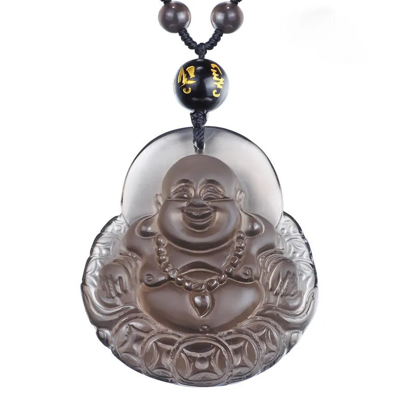 

Crystal Buddha Maitreya Buddha Pendant Necklace Chinese Wind Laughing Buddha Amulet Pendant Natural Obsidian Jewelry Gifts