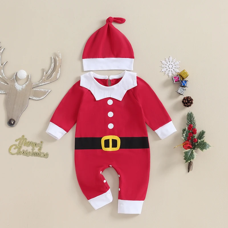 My First Christmas Outfit Newborn Baby Santa Elf Costume Long Sleeve Romper Jumpsuit with Hat Xmas Dress-Up Clothes