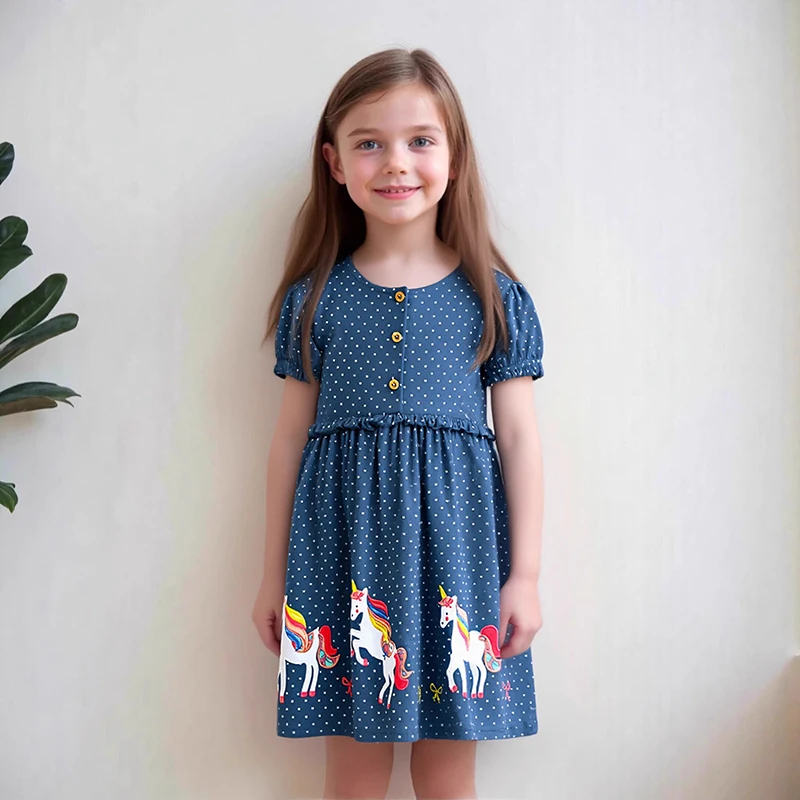 Little Maven Mädchenkleidung Kinderkleidung 2026 Sommerkleidung für Mädchen Baumwolle Stickerei Cartoon Einhorn Kleider Geburtstagsgeschenke