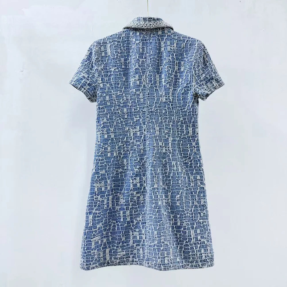 Women 100% Cotton Tweed Mini Dress Lapel Collar Short Sleeve Rhinestone Buttons Pocket Decor Elegant Vintage Party Shirt Dresses