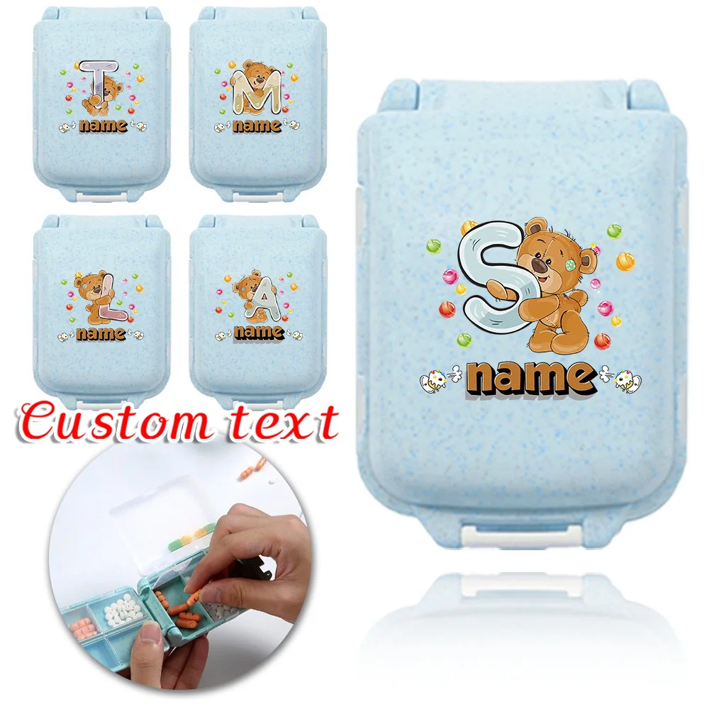 

Customized Name Travel Pill Blue Storage Box Portable Pharmacy Small Pill Box Cartoon Bear Pattern Customized Product