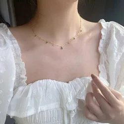 Korean Style Clavicle Chain for Female Vintage Dainty Green Crystal Choker Necklace on The Neck Gold Color Women Jewelry KCN077