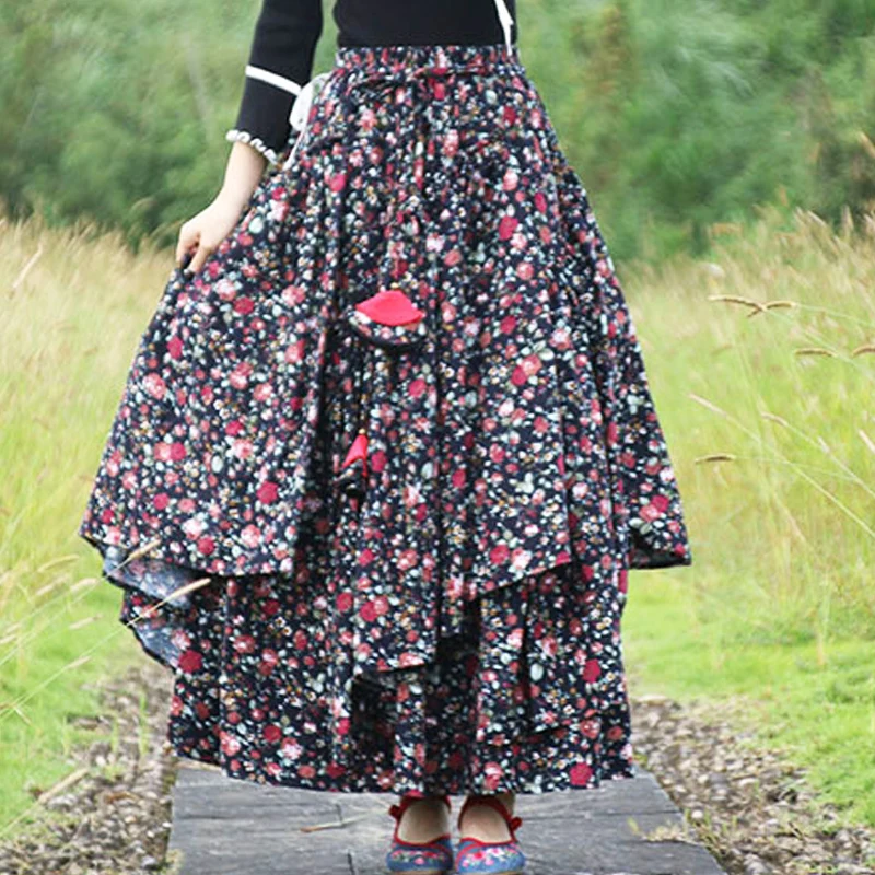 Autumn Small Floral Cotton Linen Asymmetrical Pleated Long Skirt for Women Ethnic Cottagecore Style Female Skirts