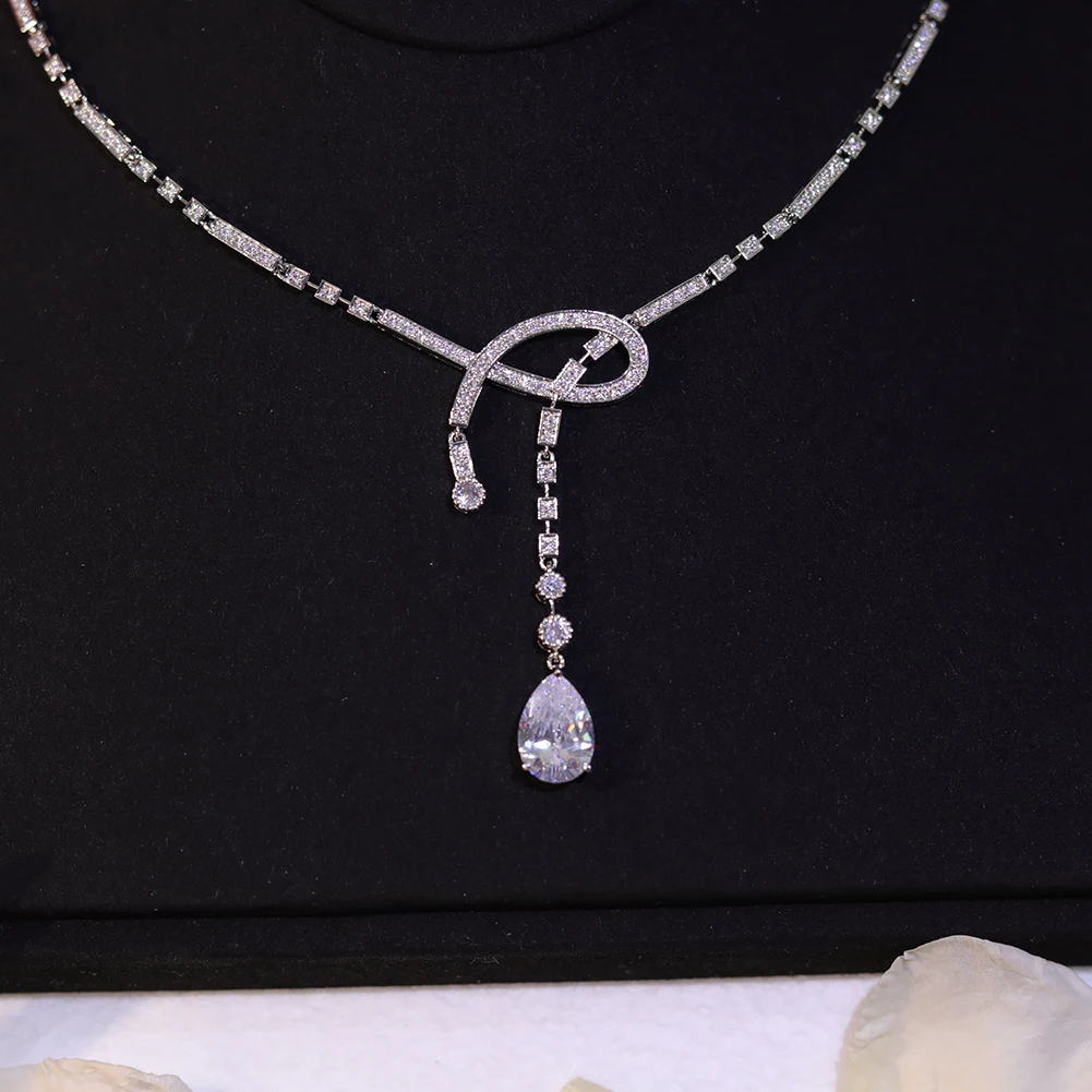 Simple Fashion Dangling Drop white Cubic Zirconia Women Party Wedding Necklace Bridesmaid Gift Brides Jewelry Sets Z016