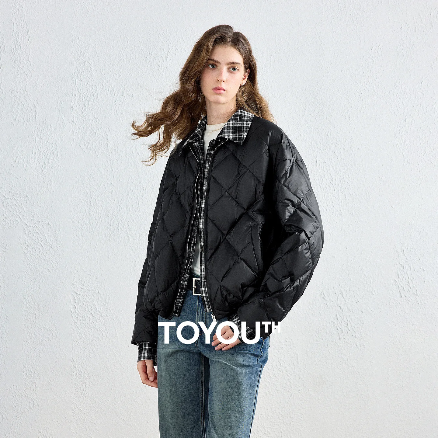 TOYOUTH Women Down Jacket 2026 Winter New Diamond Quilted Retro Patchwork Plaid Warm Outerwear
