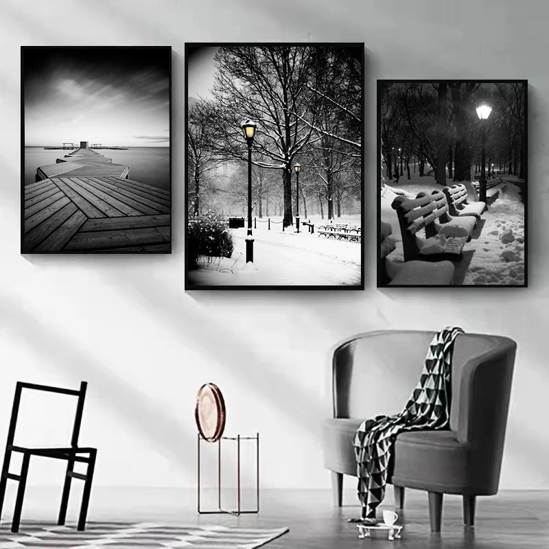 

Snowy Benches Black and White Pier Landscape Poster Canvas Painting Modern Wall Art Picture Prints for Living Room Home Decor