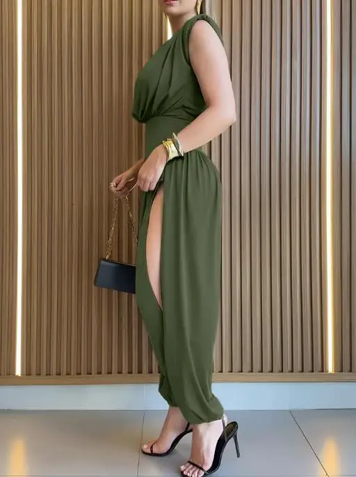 Monos largos para mujer, hombros acolchados, sin mangas, cintura ceñida, mono con abertura larga lateral, mono informal con espalda calada y fruncido