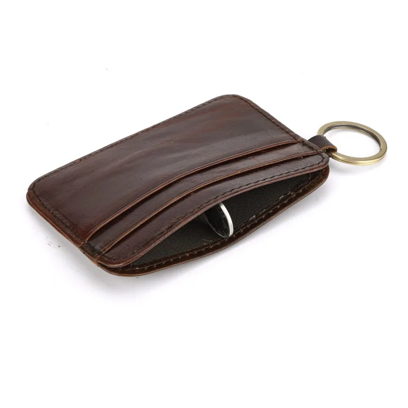 Genuine Leather Card Holder with Key Ring Mens Front Pocket Card Holder Purse Slim Wallet Men Mini Coin Wallet