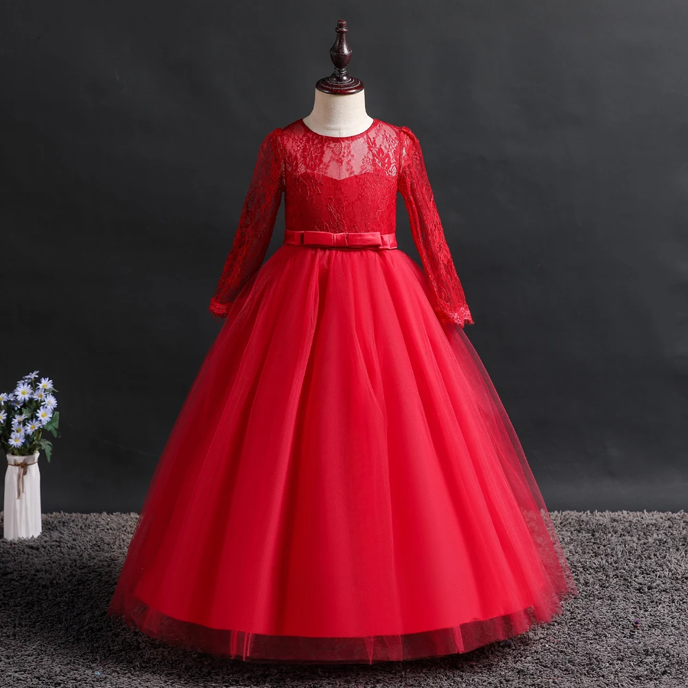 Dress Girl 8 Colors 120cm-170cm Long Sleeve Wedding Party Children Ball Gown Lace Performance Vestidos Kids Skirt