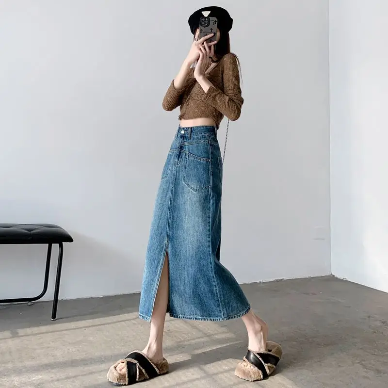 

Mid-Long Jeans Skirts Women High Waist A-line Split Pockets Straight Skirt Summer Jupe 2023 Female Bottoms 8200