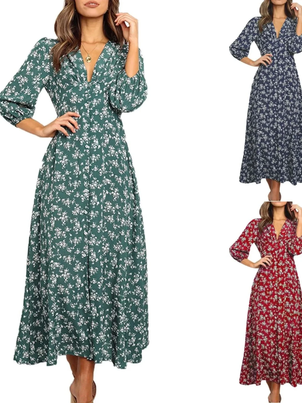 

Fleach Dr Long Sve V-Ne Floral Print Sexy Waist Cinched Polyester Spring Autumn Midi Skirt Sle Women's Dr