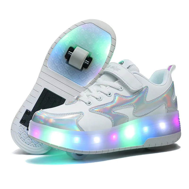 Zapatos de patines de 2 ruedas para niños y niñas, zapatillas de patinaje desmontables para exteriores, 2 filas sin Led, regalo blanco y negro,