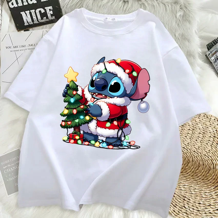 Christmas Disney Stitch T-shirt Cotton Short sleeved Top Xmas Day Printed Decoration Summer o Neck Breathable Clothing