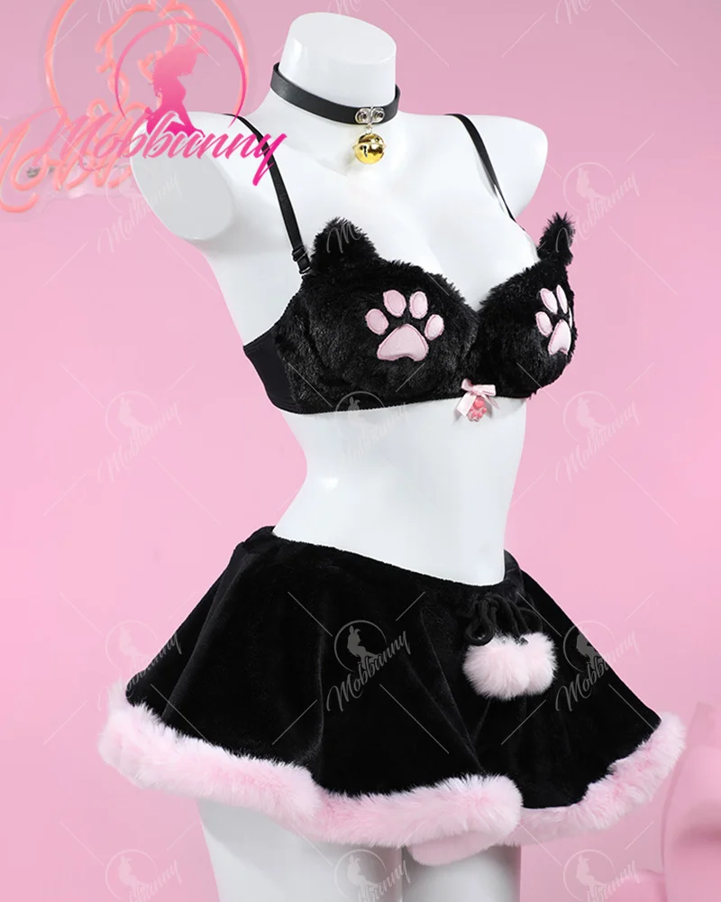 Mobbunny Women\'s Kawaii Homewear Sexy Lingerie Set Plush Cat Paw Three-Point Top and Panty with Skirt Choker