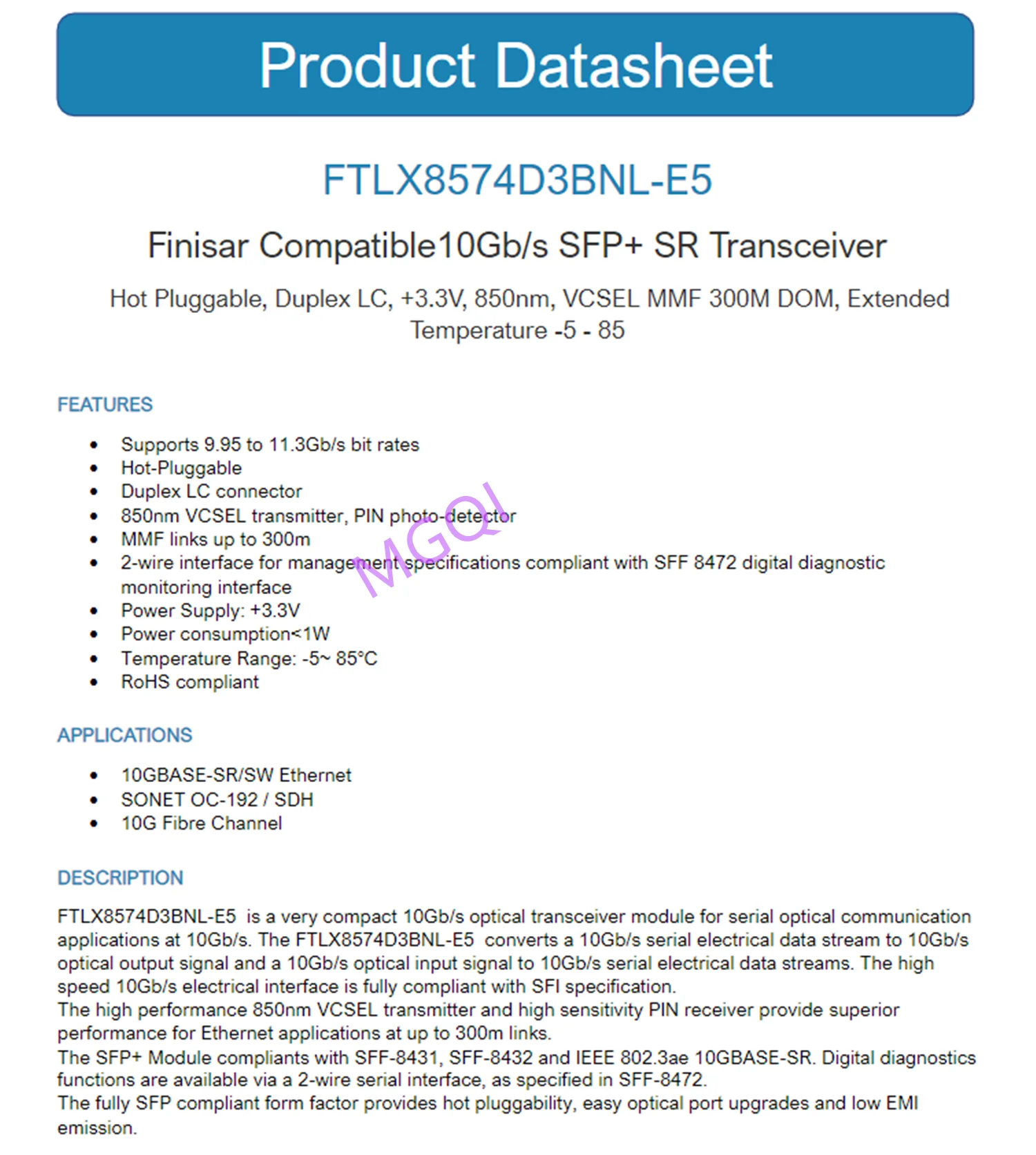 

Finisar SFP 10GB Fiber Module FTLX8574D3BNL-E5 019-078-041 10Gbase-SR SFP+ Transceiver Module