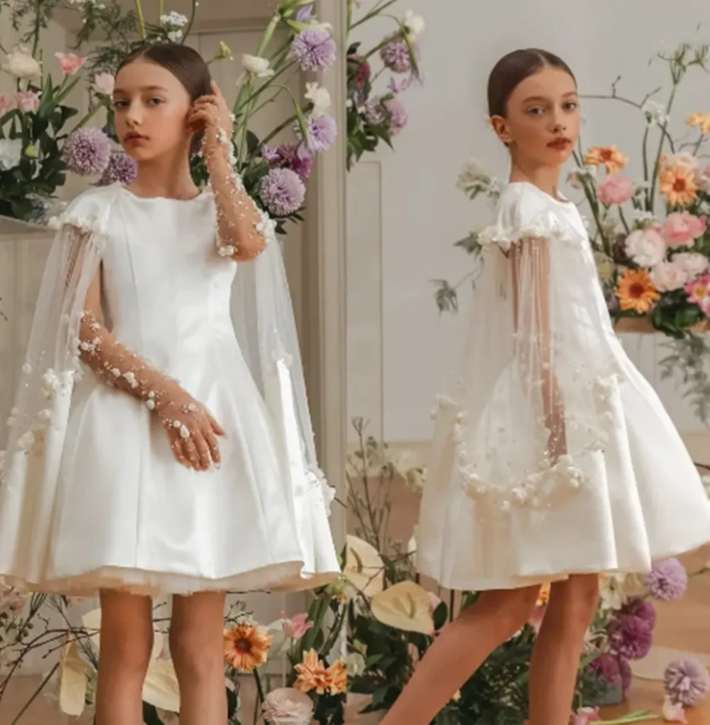 

Flower Girl Dress Cap Sleeves Mini Lace Appliques Sequined A-Line Satin Dresses First Communion Birthday Party Gowns Customized