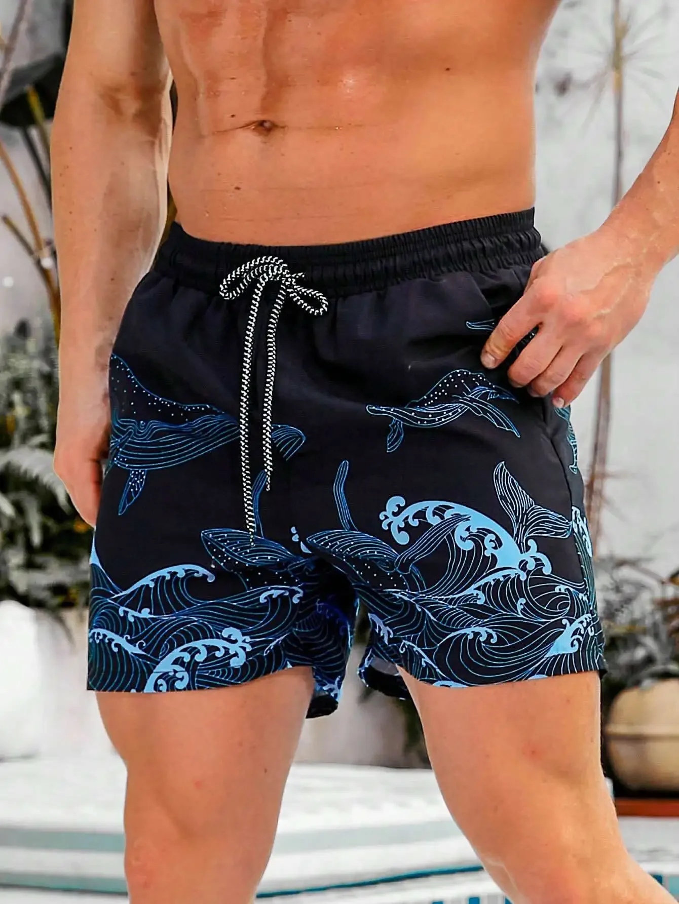 

Men's Summer Vacation Whale Print Drawstring Beach Shorts