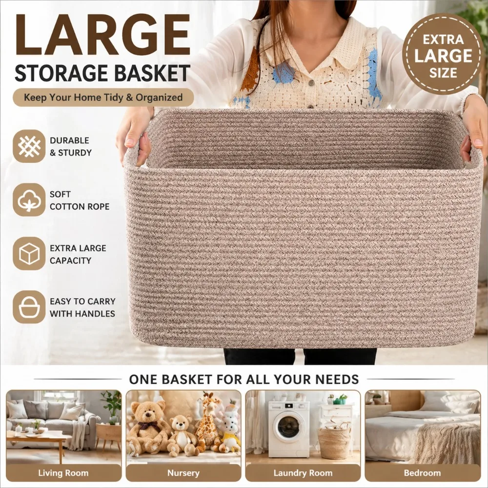 

Storage Basket Large Laundry Hamper Cotton Rope Woven Basket with Handles Blanket Toy Organizer for Living Room Home