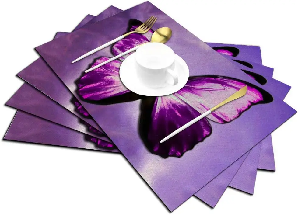 Purple Butterfly Placemats Set of 4 Magical Mystical Purple Butterfly Placemats Heat Resistant for Dining Table 18x12 Inch