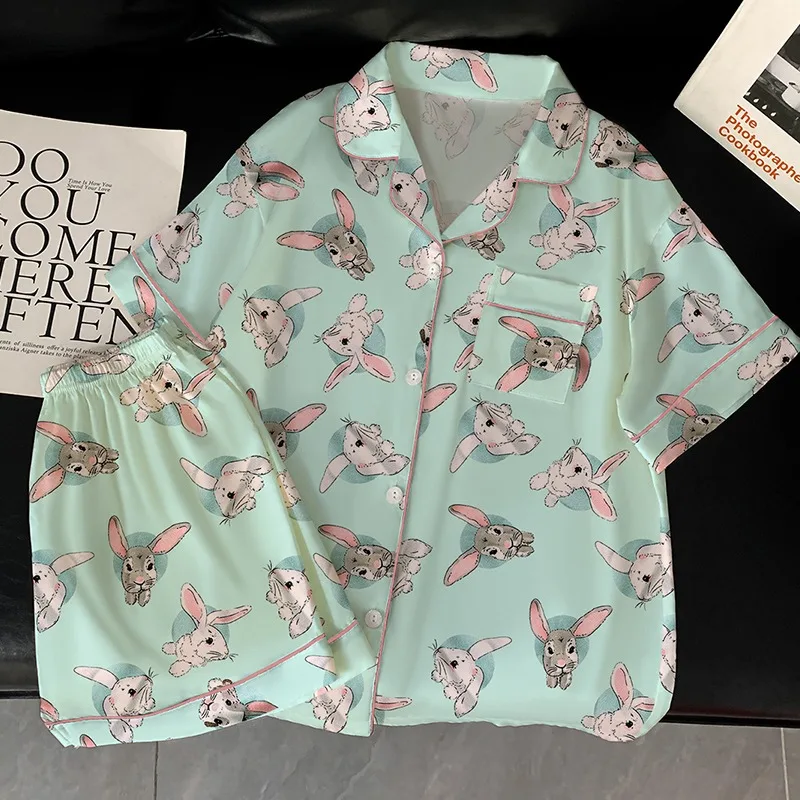 

Ice silk thin section long ears bunny women's pajamas summer new silk short-sleeved shorts lapel girls homewear two-piece suit
