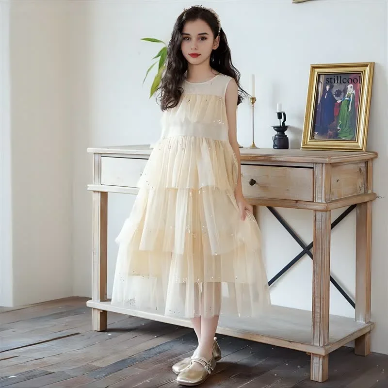 

2025Princess Dress for Girls 2025 Summer Mesh Sleeveless Vest Tiered Dress Beach Vacation Dress Teenage Kids Clothes 10 12 13 Ye