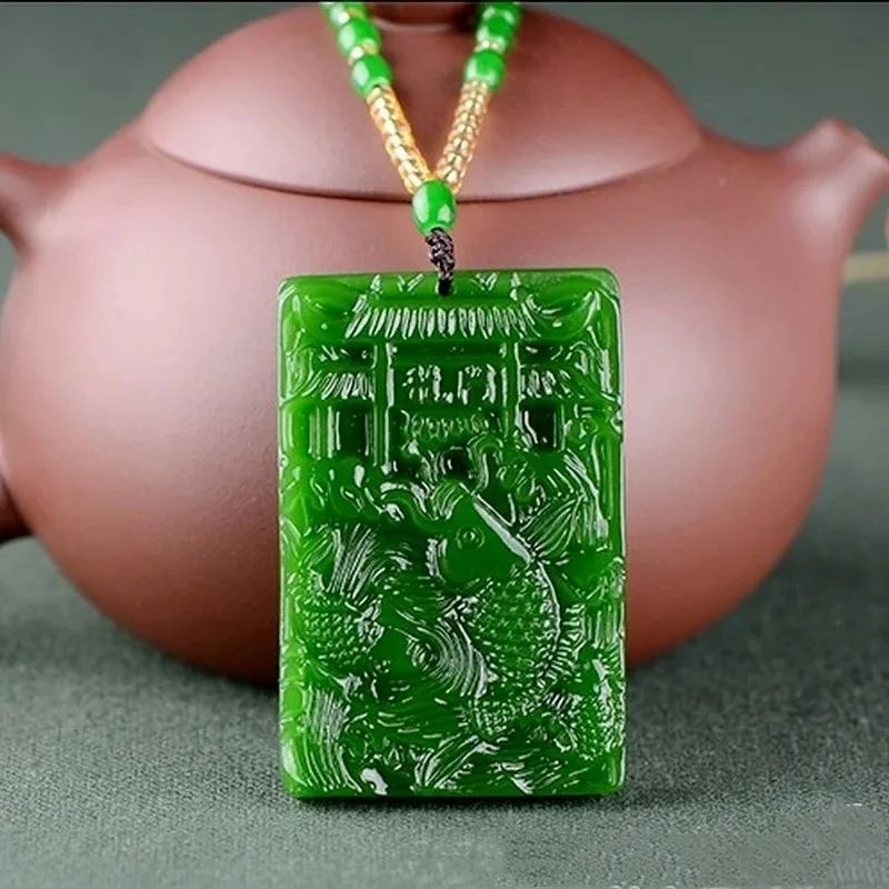 

Natural Jade Green Hand Carved Carp Pendant Fashion Boutique Jewelry Men's and Women's Yuyuelongmen Necklace Gift Accessories