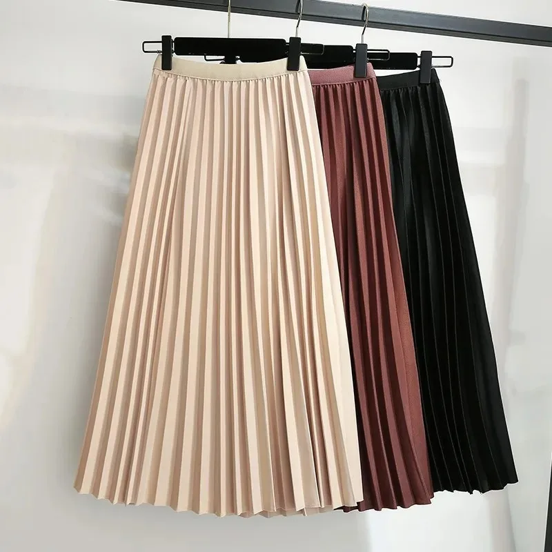 Autumn Women long Skirt 2024 Summer Light Classic A Word Thin Solid Color Skirt High Waist Retro Slim Pleated Mid-length Skirt