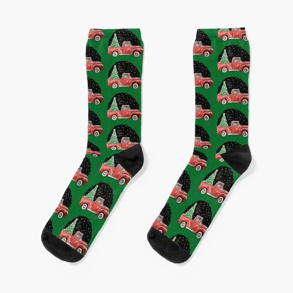 

Old Red Truck with Christmas tree Socks colored snow Novelties Run Socks Men's Women's anime new in's heated Ladies Socks Men's