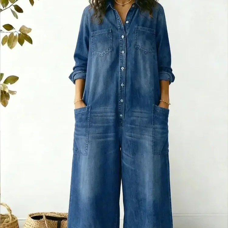 

2026 Spring Summer New Women's Fashion Fashion Sexy Single-Breasted Shirt Long Dress Loose Jumpsuit Overall Pants