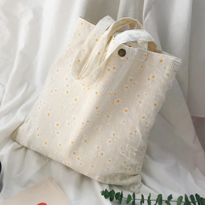 

Daisy Print Women Canvas Shoulder Bag 3D Flower Coth Handbag Casual Tote Student Literary Books Purse Girls Eco Shopping Bags