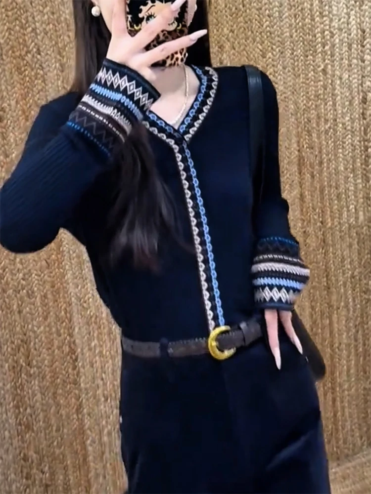 

Retro Color Blo Knitted V-Ne Open Cardigan plus Size Slimming Top for Women Autumn Winter New Arrival Ele Sle