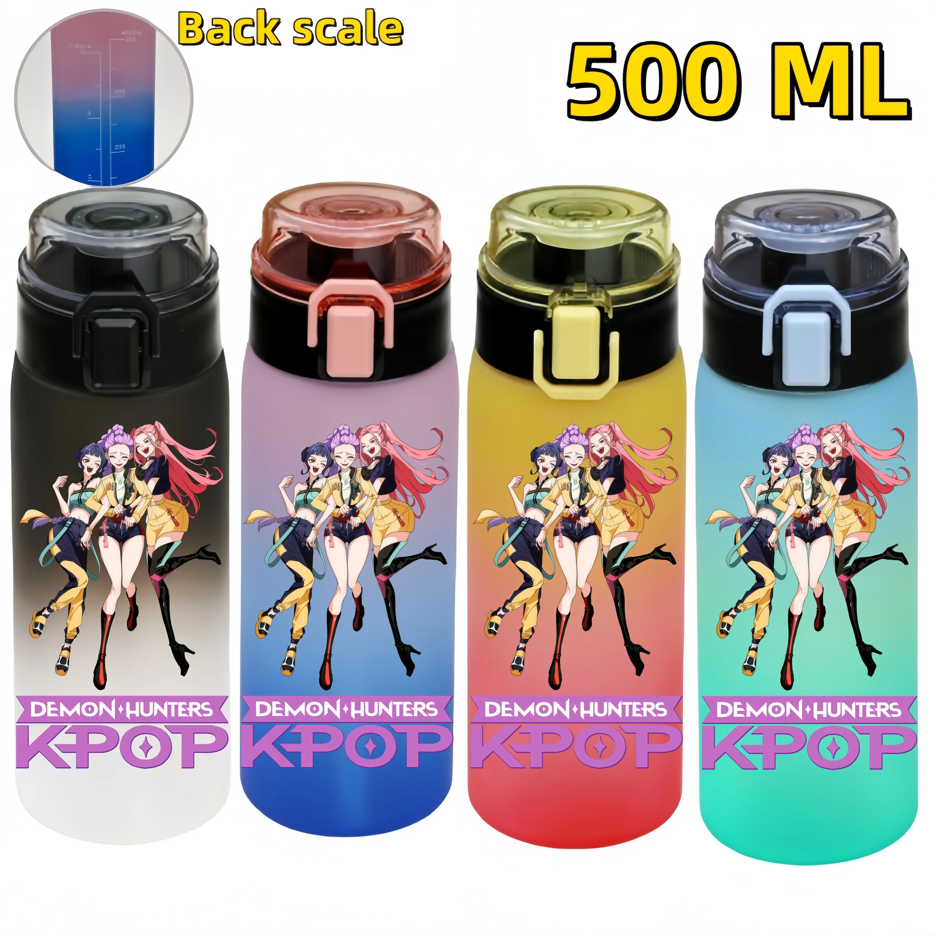 ขวดน้ำกีฬา KPop Demon Hunters ขนาด 500 มล. แบบพกพา ป้องกันการรั่วซึม ทำจากพลาสติก มีเส้นบอกระดับน้ำ สำหรับกีฬากลางแจ้งและฟิตเนส