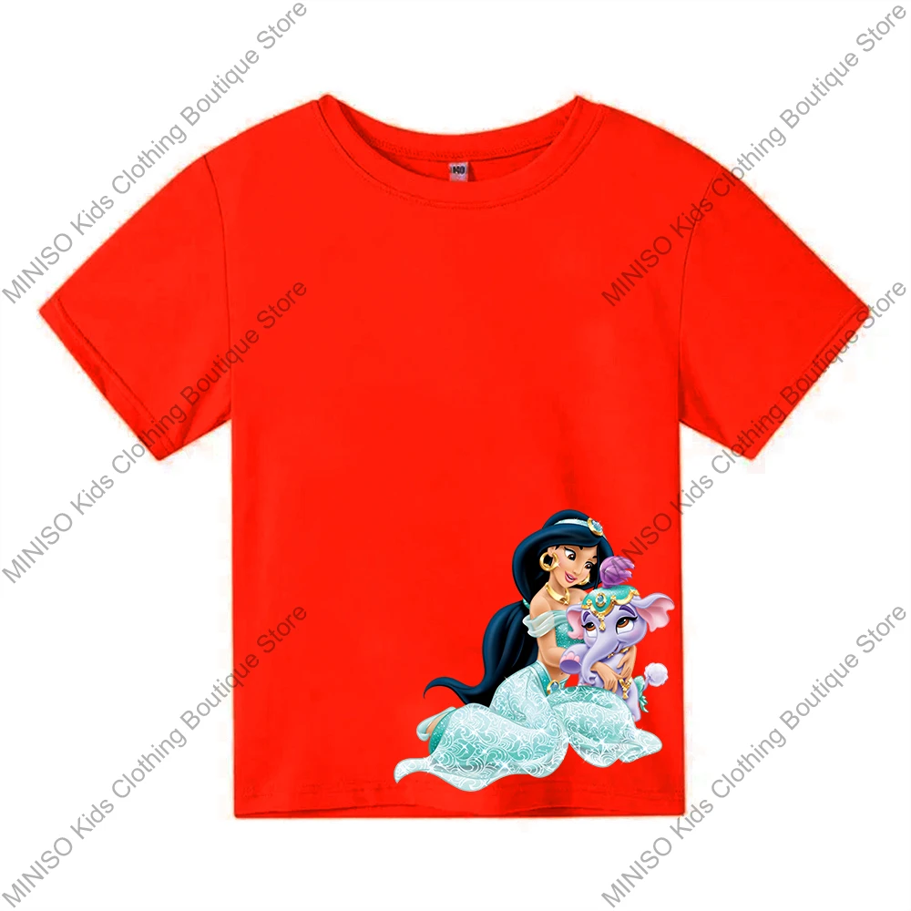 MINISO 100% Cotton T-Shirt Anime Cute Princess Jasmine Print Fashion Casual Streetwear Oversized Tee Kids Adults Tops Clothing