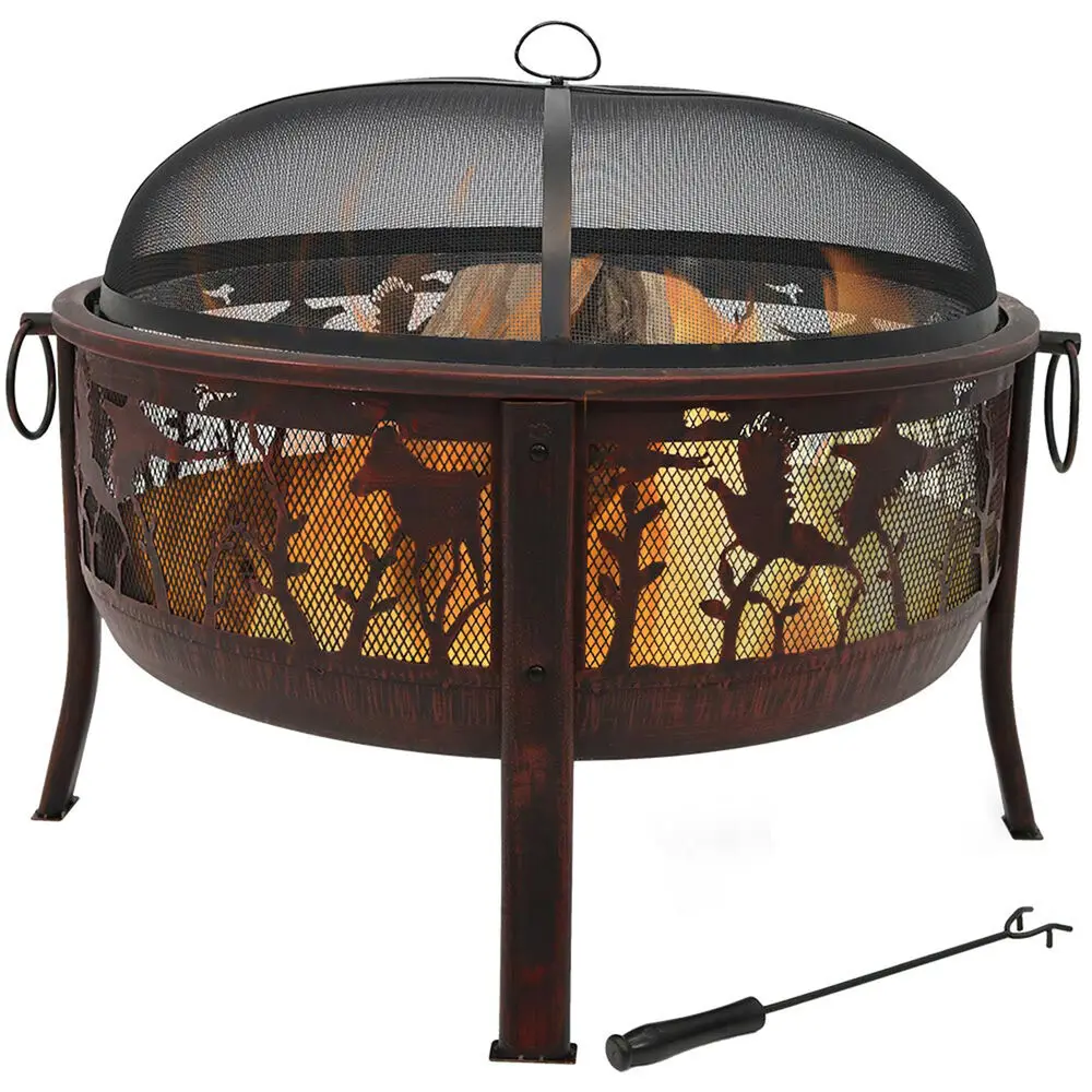 

30 in Pheasant Hunting Steel Fire Pit with Spark Screen - Bronze by Sunnydaze