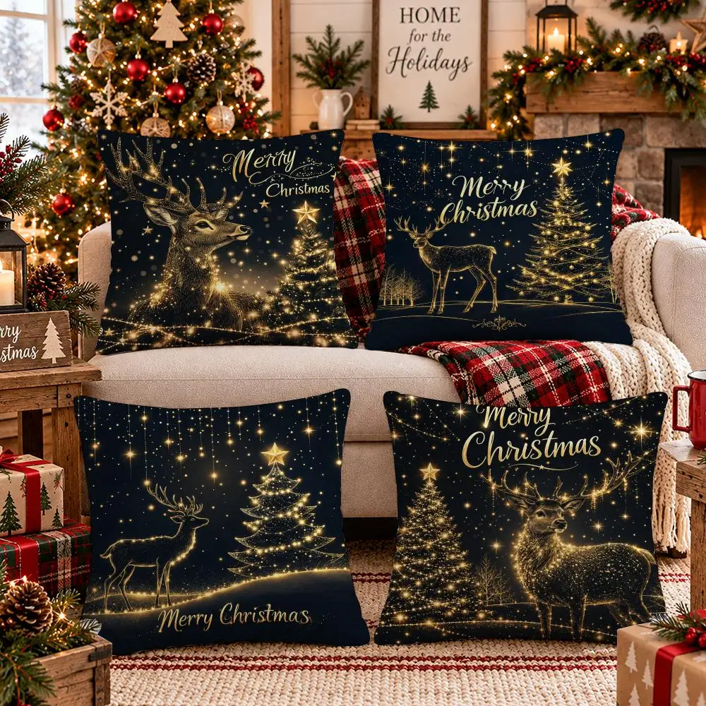 Midnight Golden Noel Cushion Cover 1/4PCS Short Plush Pillow Cover Set Soft Decorative Cushion Case for Sofa Bed Home Decor